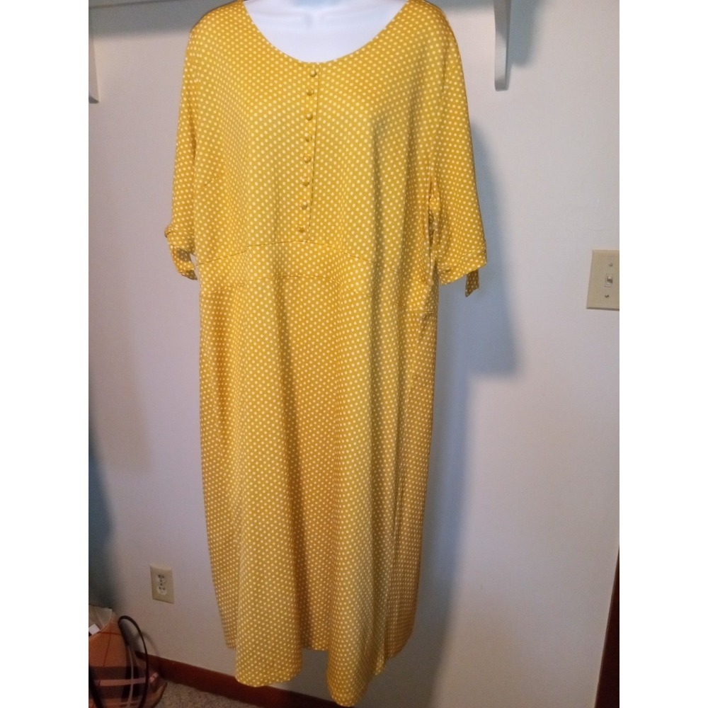 CJ Banks Mustard Yellow Polka Dot Midi‎ Dress Plus Size 1X Tie Sleeve